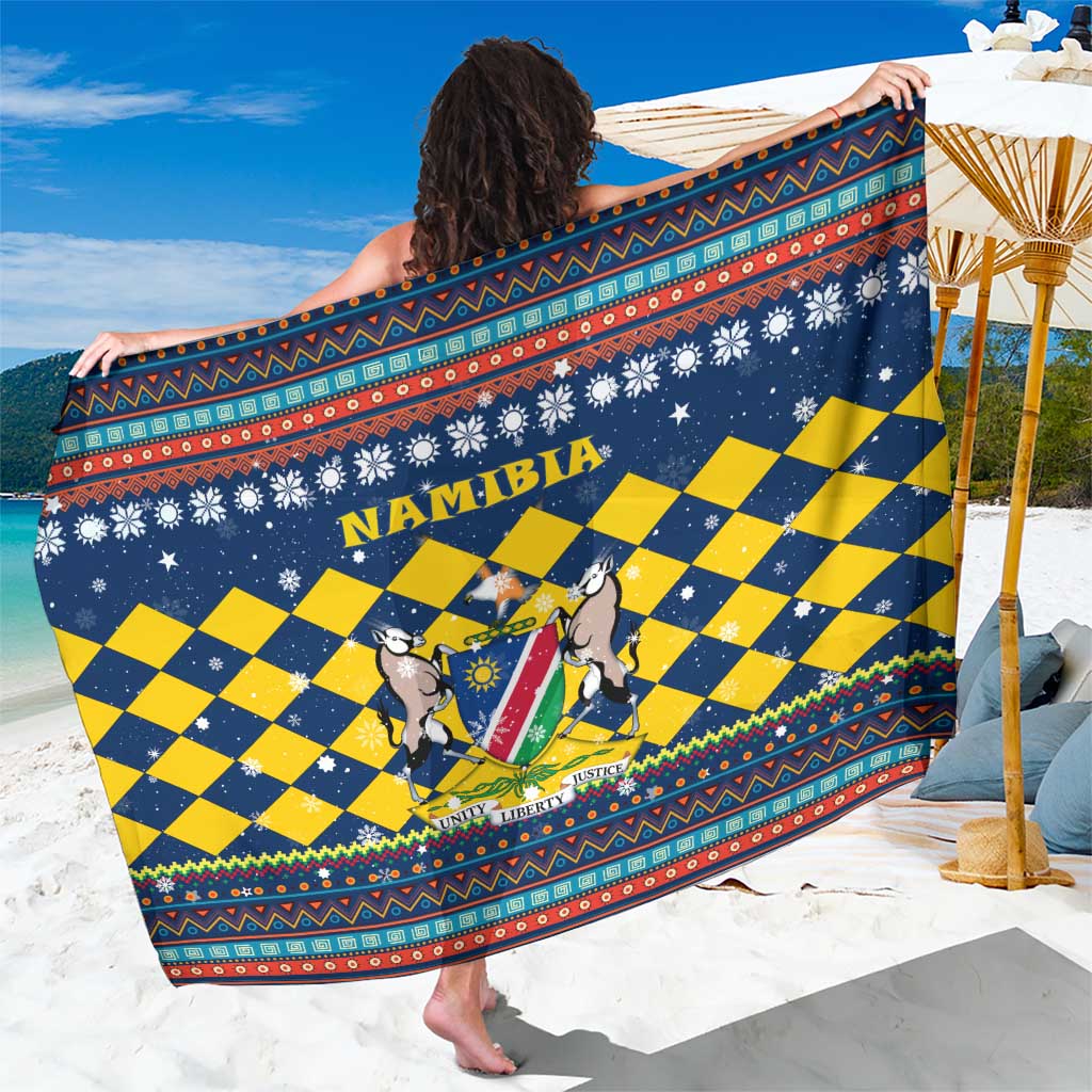 Namibia Christmas Sarong with Blue-Yellow Diamond Pattern, Coat of Arms, and Flag Map Motif - Wonder Print Shop