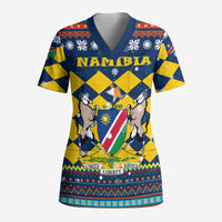 Namibia Christmas Scrub Top with Blue-Yellow Diamond Pattern, Coat of Arms, and Flag Map Motif - Wonder Print Shop