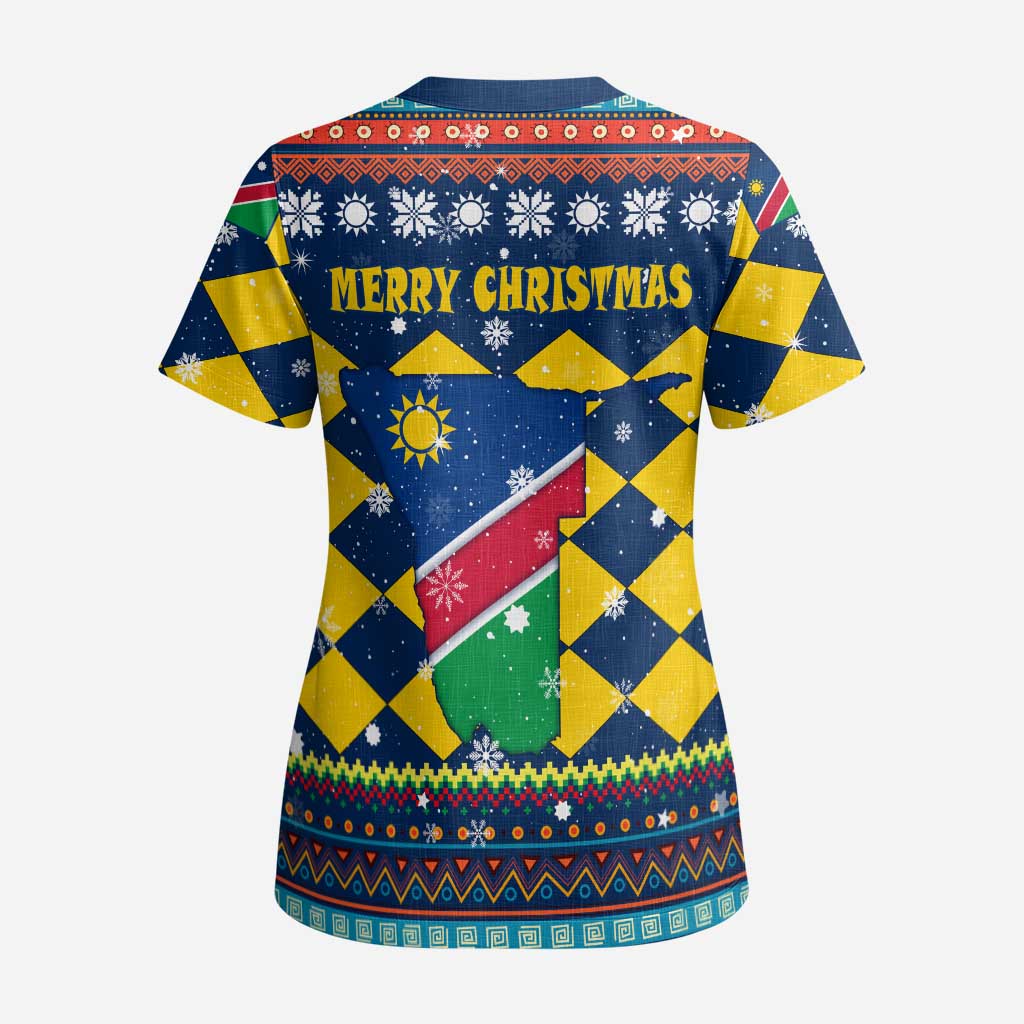 Namibia Christmas Scrub Top with Blue-Yellow Diamond Pattern, Coat of Arms, and Flag Map Motif - Wonder Print Shop