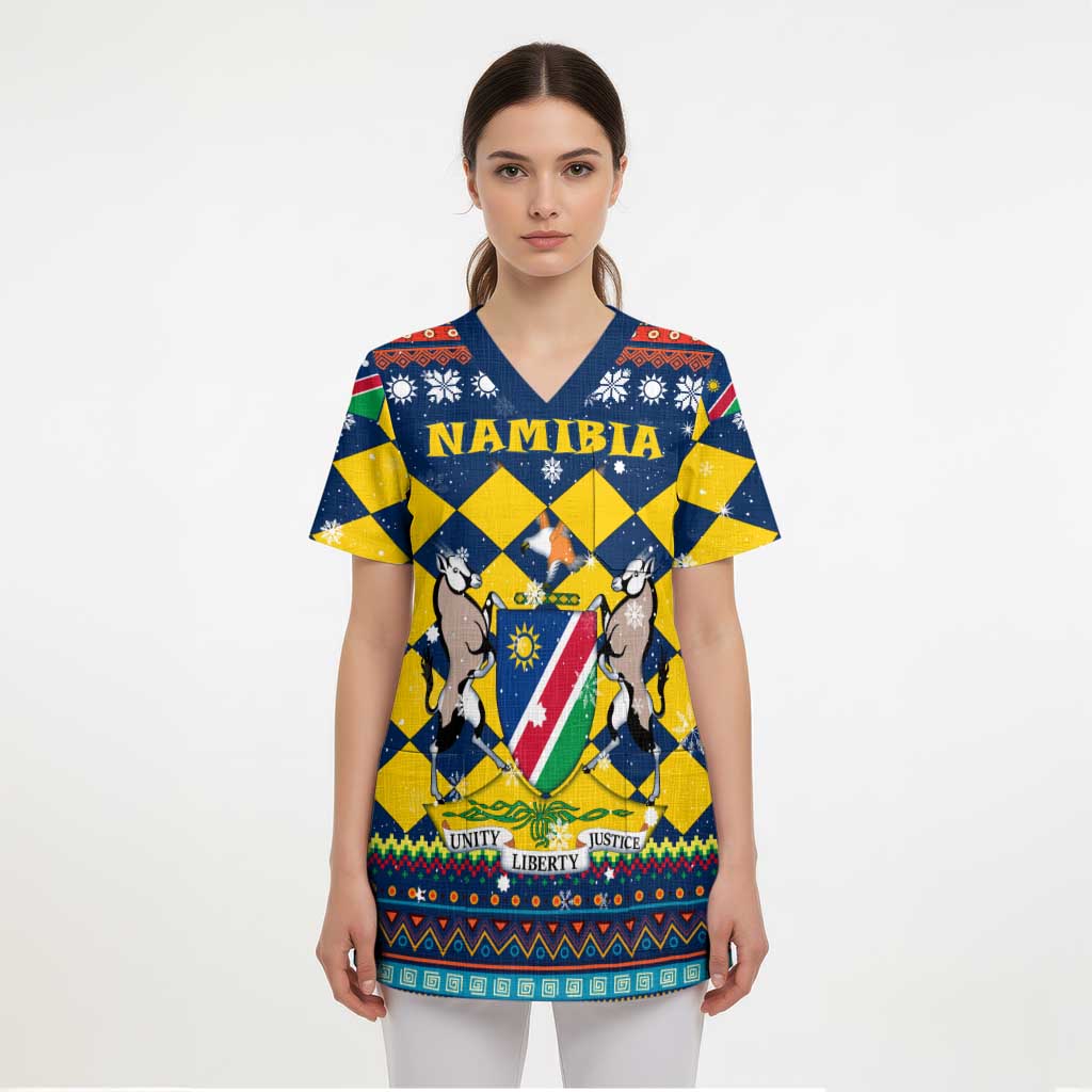 Namibia Christmas Scrub Top with Blue-Yellow Diamond Pattern, Coat of Arms, and Flag Map Motif - Wonder Print Shop