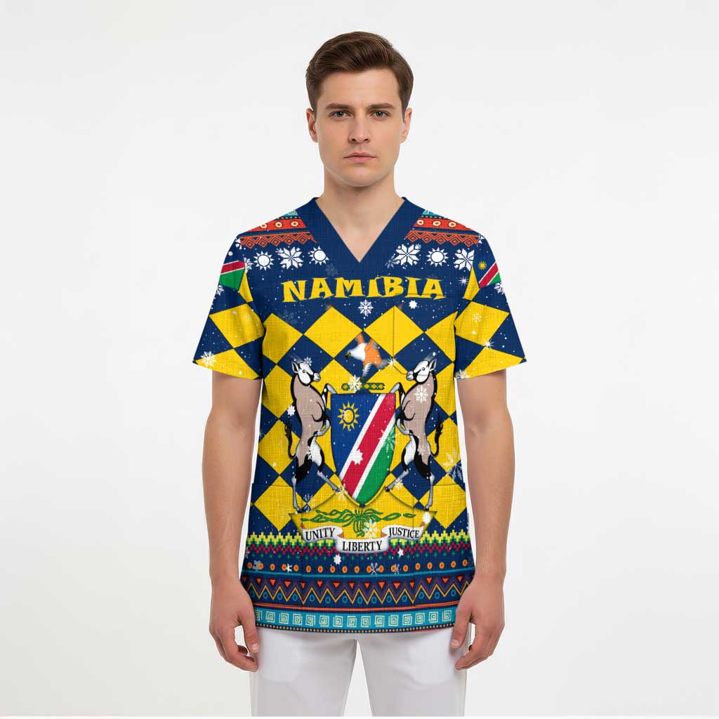 Namibia Christmas Scrub Top with Blue-Yellow Diamond Pattern, Coat of Arms, and Flag Map Motif - Wonder Print Shop