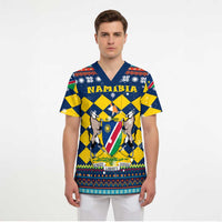 Namibia Christmas Scrub Top with Blue-Yellow Diamond Pattern, Coat of Arms, and Flag Map Motif - Wonder Print Shop