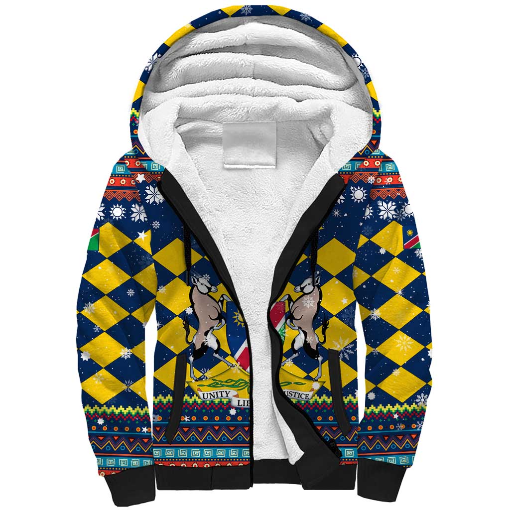 Namibia Christmas Sherpa Hoodie with Blue-Yellow Diamond Pattern, Coat of Arms, and Flag Map Motif - Wonder Print Shop