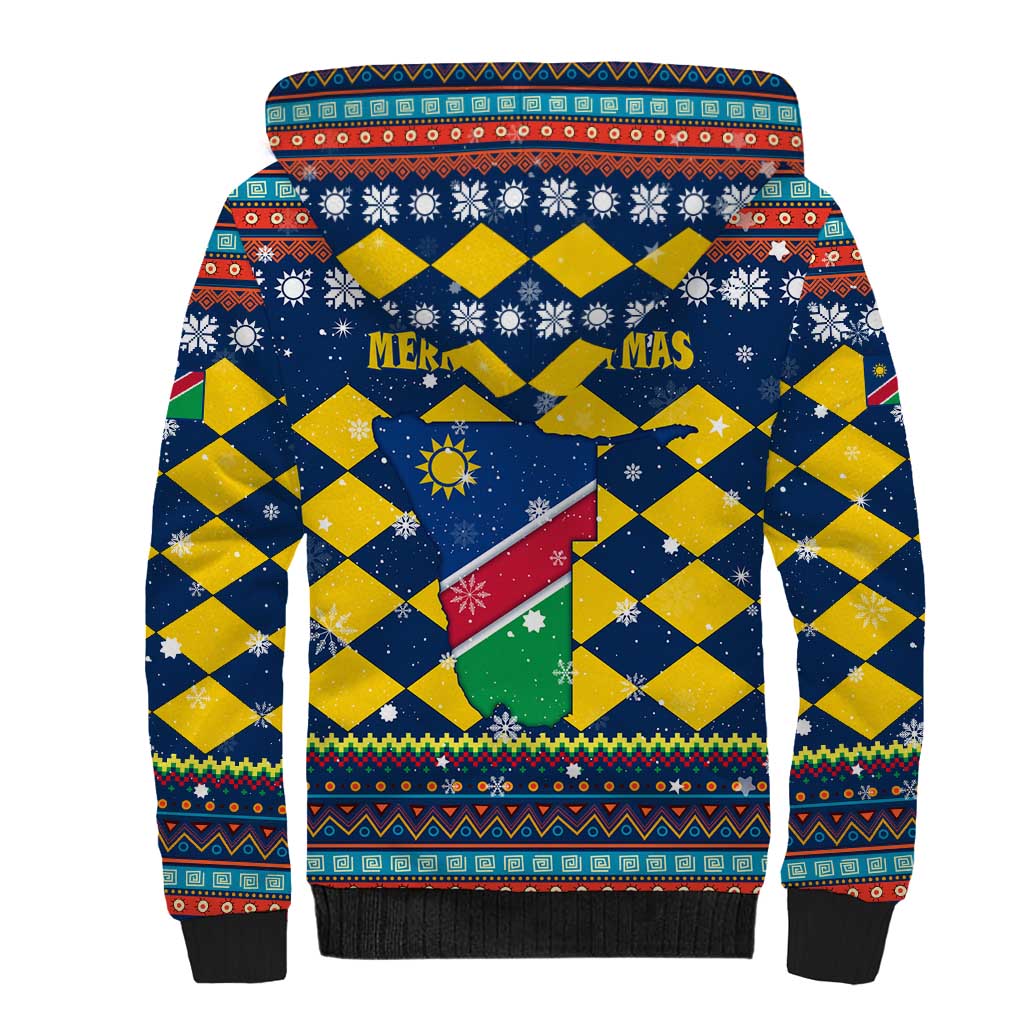 Namibia Christmas Sherpa Hoodie with Blue-Yellow Diamond Pattern, Coat of Arms, and Flag Map Motif - Wonder Print Shop