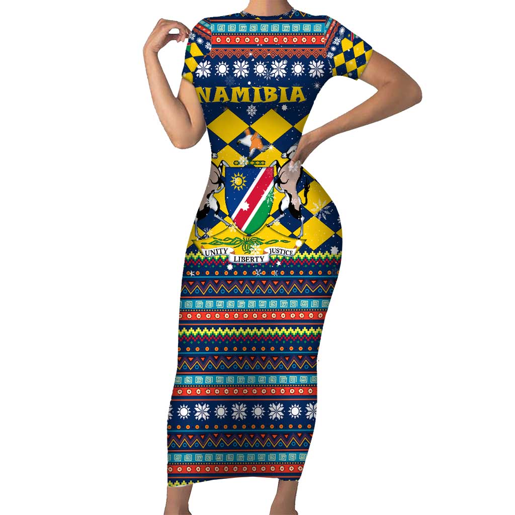 Namibia Christmas Short Sleeve Bodycon Dress with Blue-Yellow Diamond Pattern, Coat of Arms, and Flag Map Motif - Wonder Print Shop