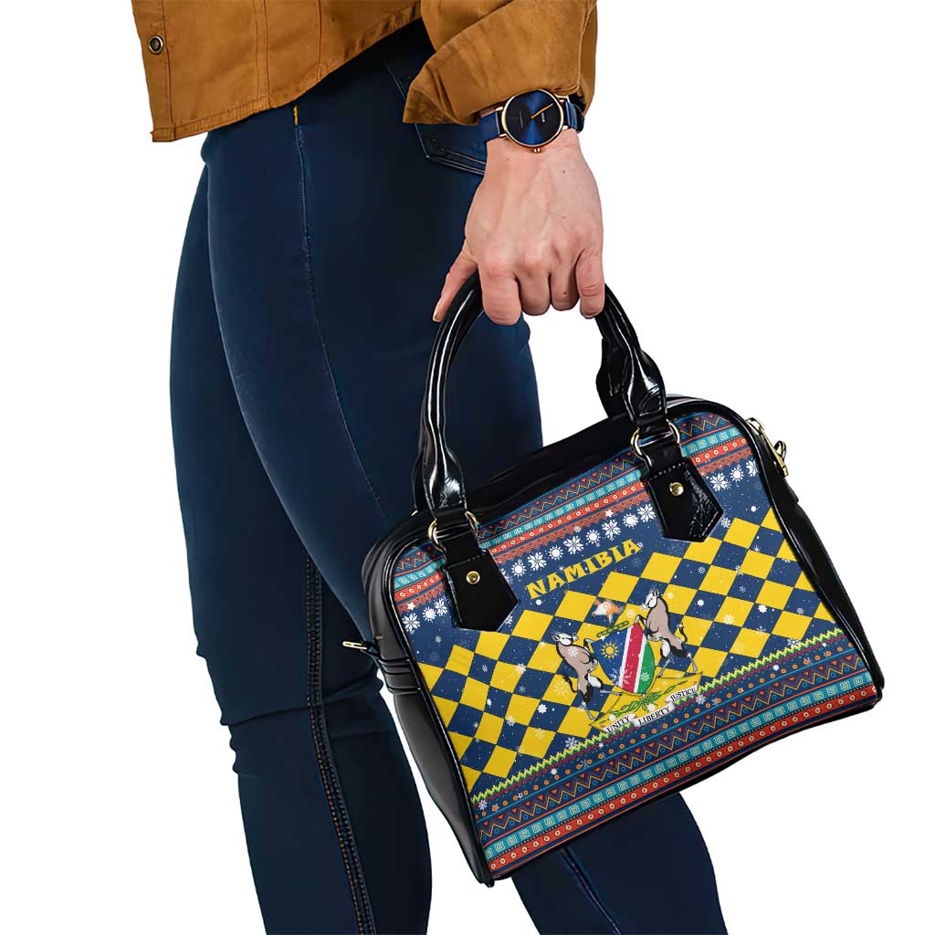 Namibia Christmas Shoulder Handbag with Blue-Yellow Diamond Pattern, Coat of Arms, and Flag Map Motif - Wonder Print Shop