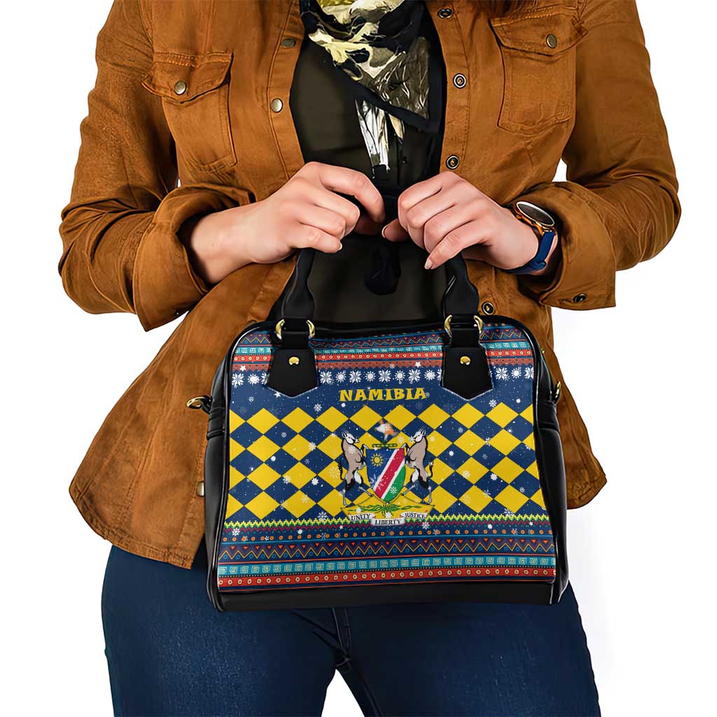 Namibia Christmas Shoulder Handbag with Blue-Yellow Diamond Pattern, Coat of Arms, and Flag Map Motif - Wonder Print Shop