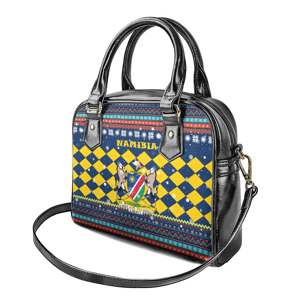 Namibia Christmas Shoulder Handbag with Blue-Yellow Diamond Pattern, Coat of Arms, and Flag Map Motif - Wonder Print Shop