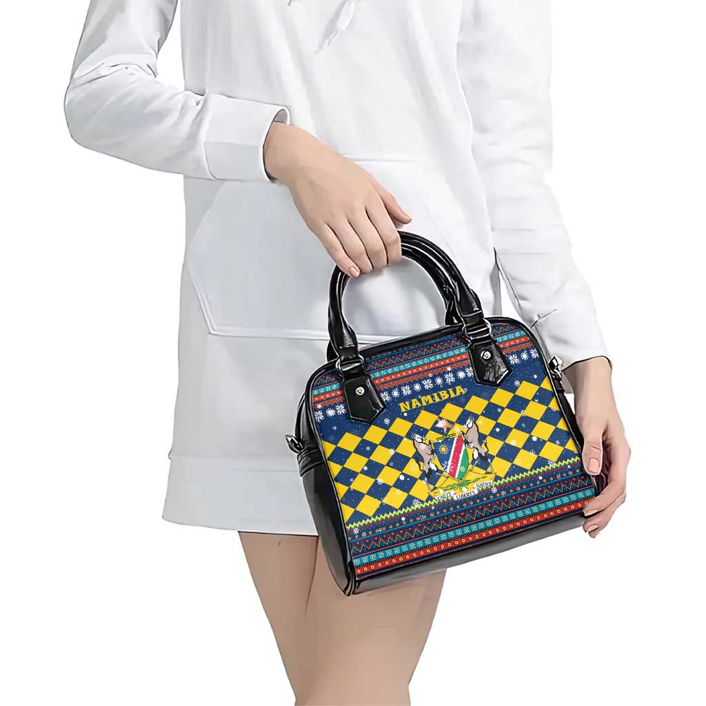 Namibia Christmas Shoulder Handbag with Blue-Yellow Diamond Pattern, Coat of Arms, and Flag Map Motif - Wonder Print Shop