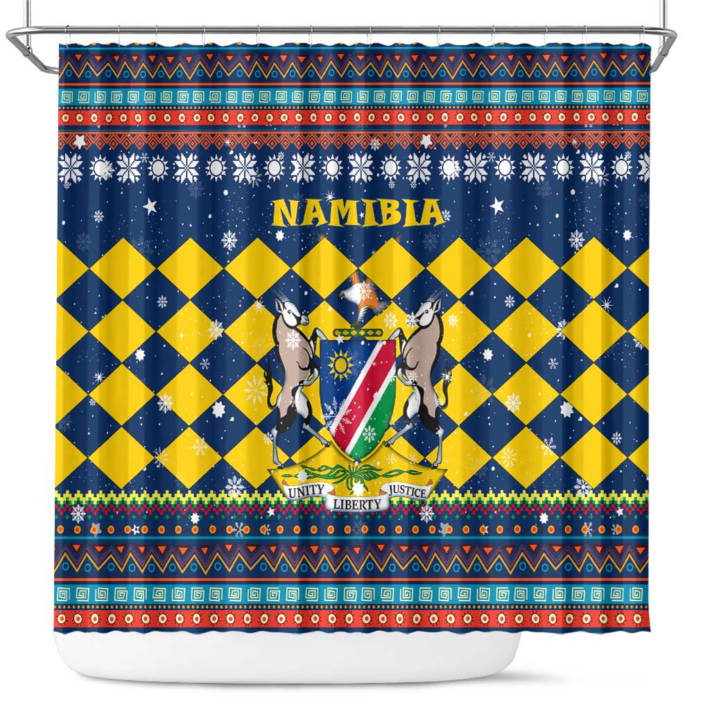 Namibia Christmas Shower Curtain with Blue-Yellow Diamond Pattern, Coat of Arms, and Flag Map Motif - Wonder Print Shop