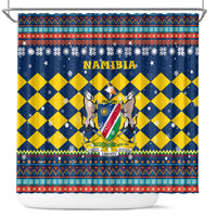 Namibia Christmas Shower Curtain with Blue-Yellow Diamond Pattern, Coat of Arms, and Flag Map Motif - Wonder Print Shop