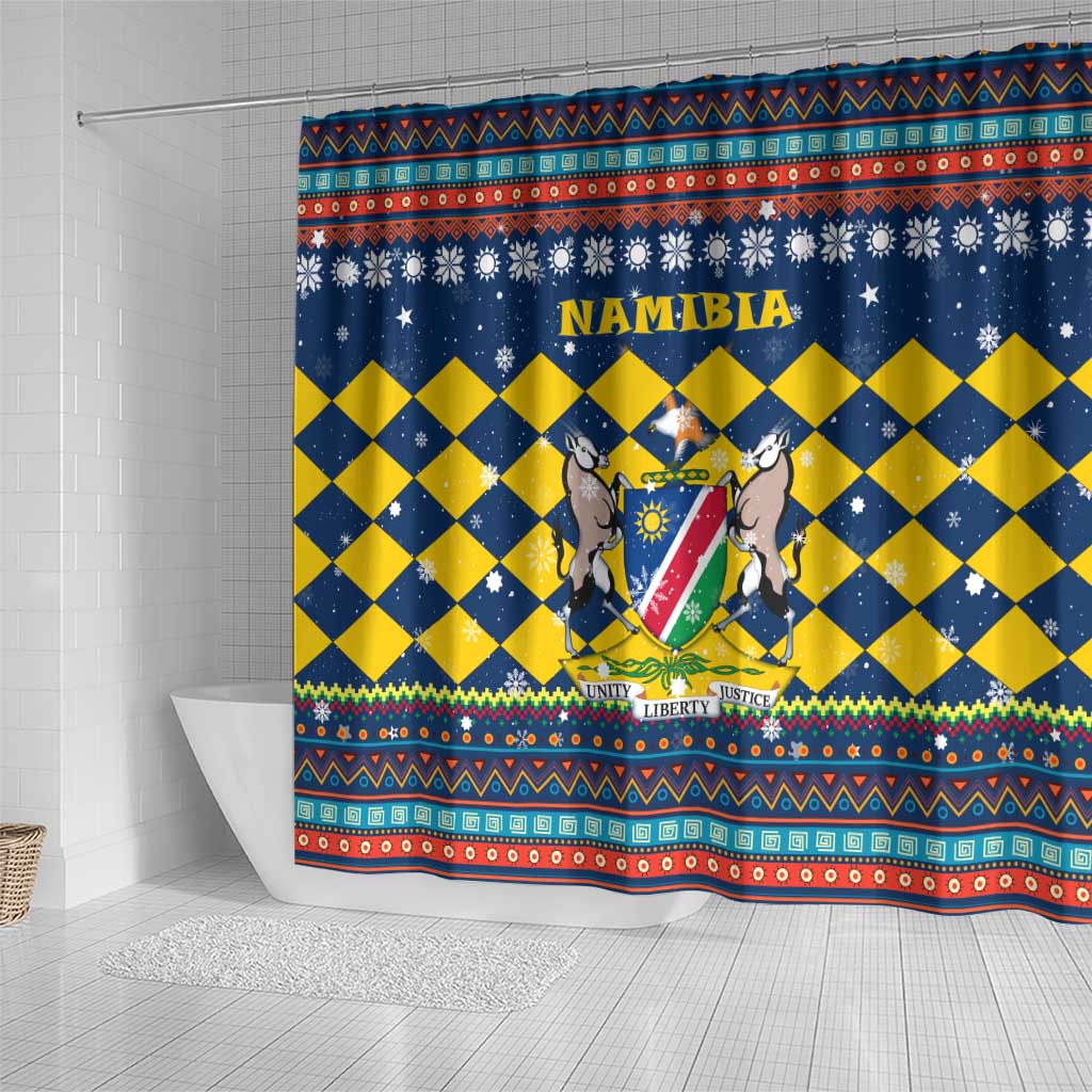 Namibia Christmas Shower Curtain with Blue-Yellow Diamond Pattern, Coat of Arms, and Flag Map Motif - Wonder Print Shop