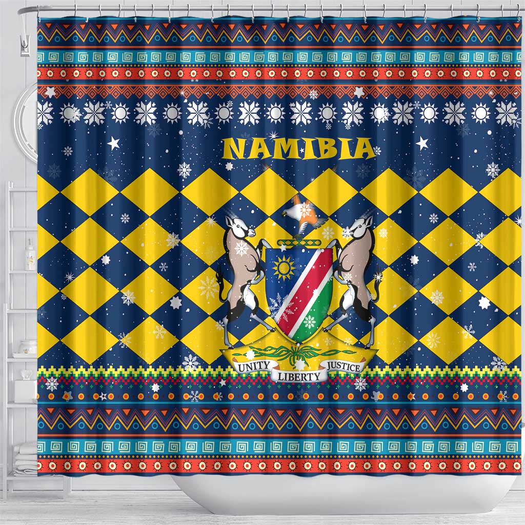 Namibia Christmas Shower Curtain with Blue-Yellow Diamond Pattern, Coat of Arms, and Flag Map Motif - Wonder Print Shop