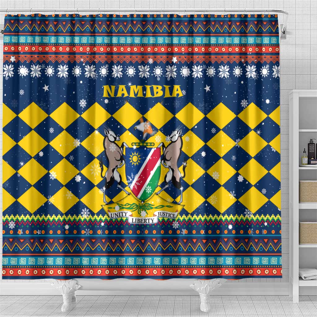 Namibia Christmas Shower Curtain with Blue-Yellow Diamond Pattern, Coat of Arms, and Flag Map Motif - Wonder Print Shop