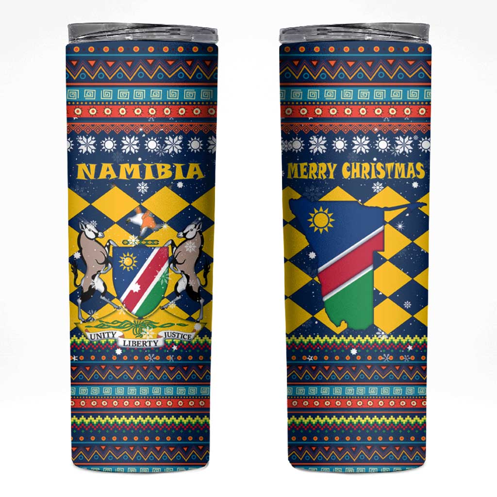 Namibia Christmas Skinny Tumbler with Blue-Yellow Diamond Pattern, Coat of Arms, and Flag Map Motif - Wonder Print Shop