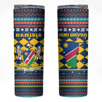 Namibia Christmas Skinny Tumbler with Blue-Yellow Diamond Pattern, Coat of Arms, and Flag Map Motif - Wonder Print Shop