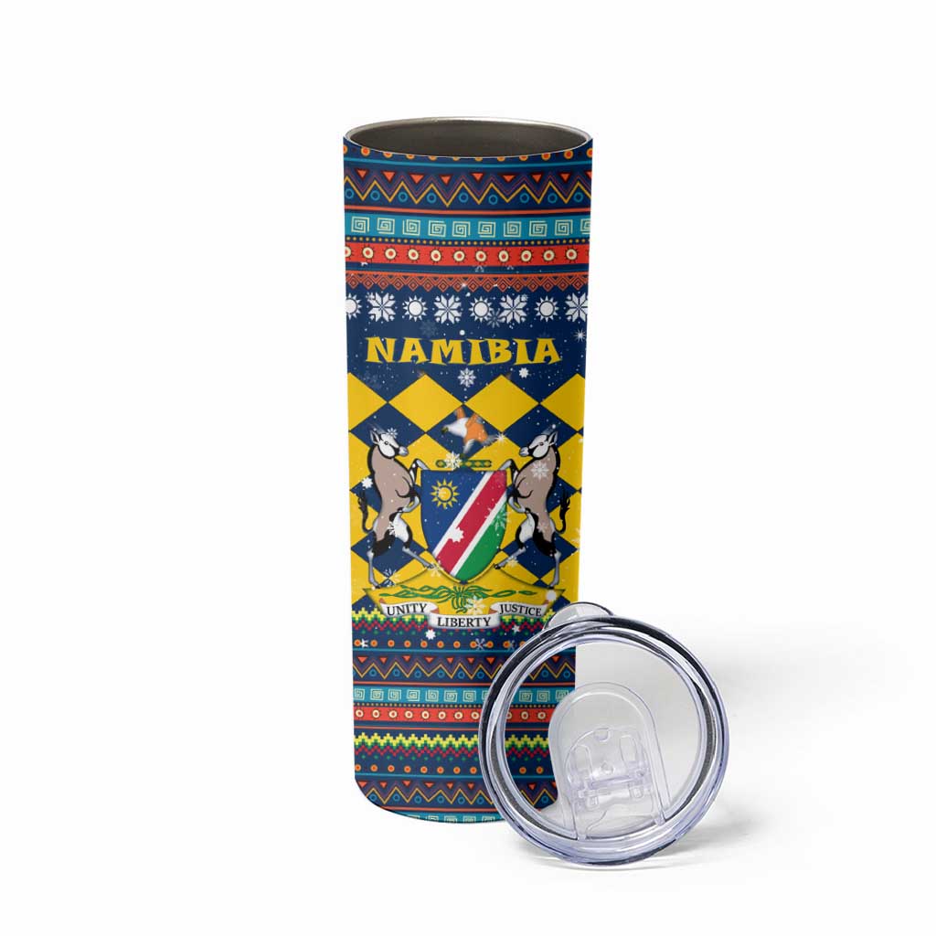 Namibia Christmas Skinny Tumbler with Blue-Yellow Diamond Pattern, Coat of Arms, and Flag Map Motif - Wonder Print Shop
