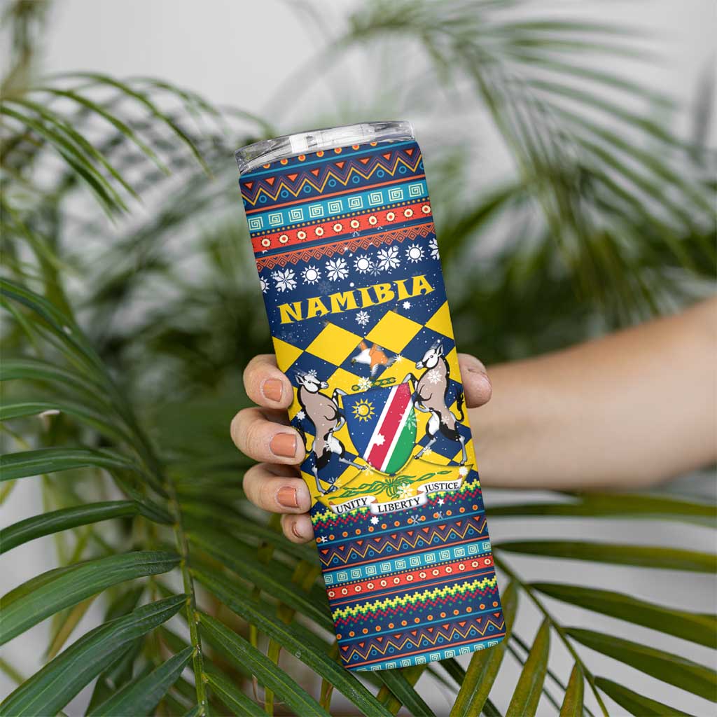 Namibia Christmas Skinny Tumbler with Blue-Yellow Diamond Pattern, Coat of Arms, and Flag Map Motif - Wonder Print Shop