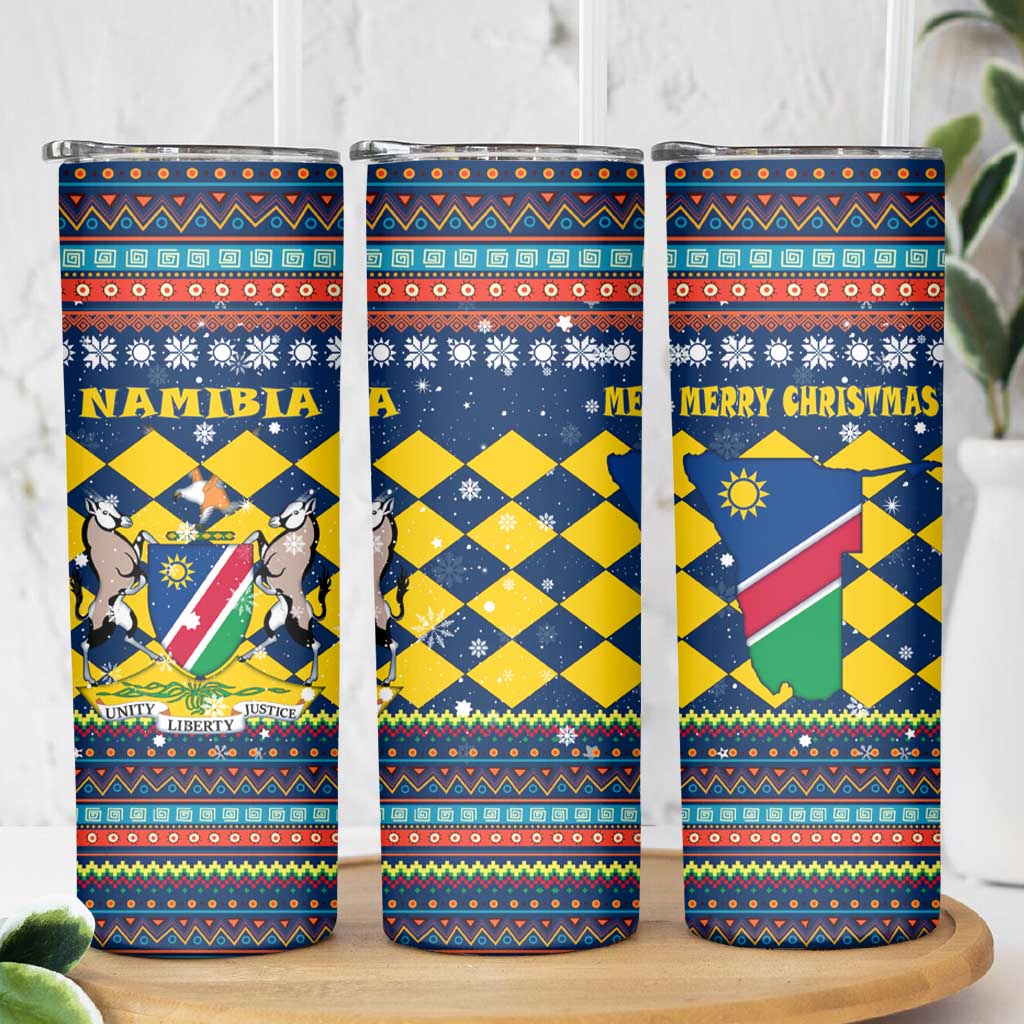 Namibia Christmas Skinny Tumbler with Blue-Yellow Diamond Pattern, Coat of Arms, and Flag Map Motif - Wonder Print Shop