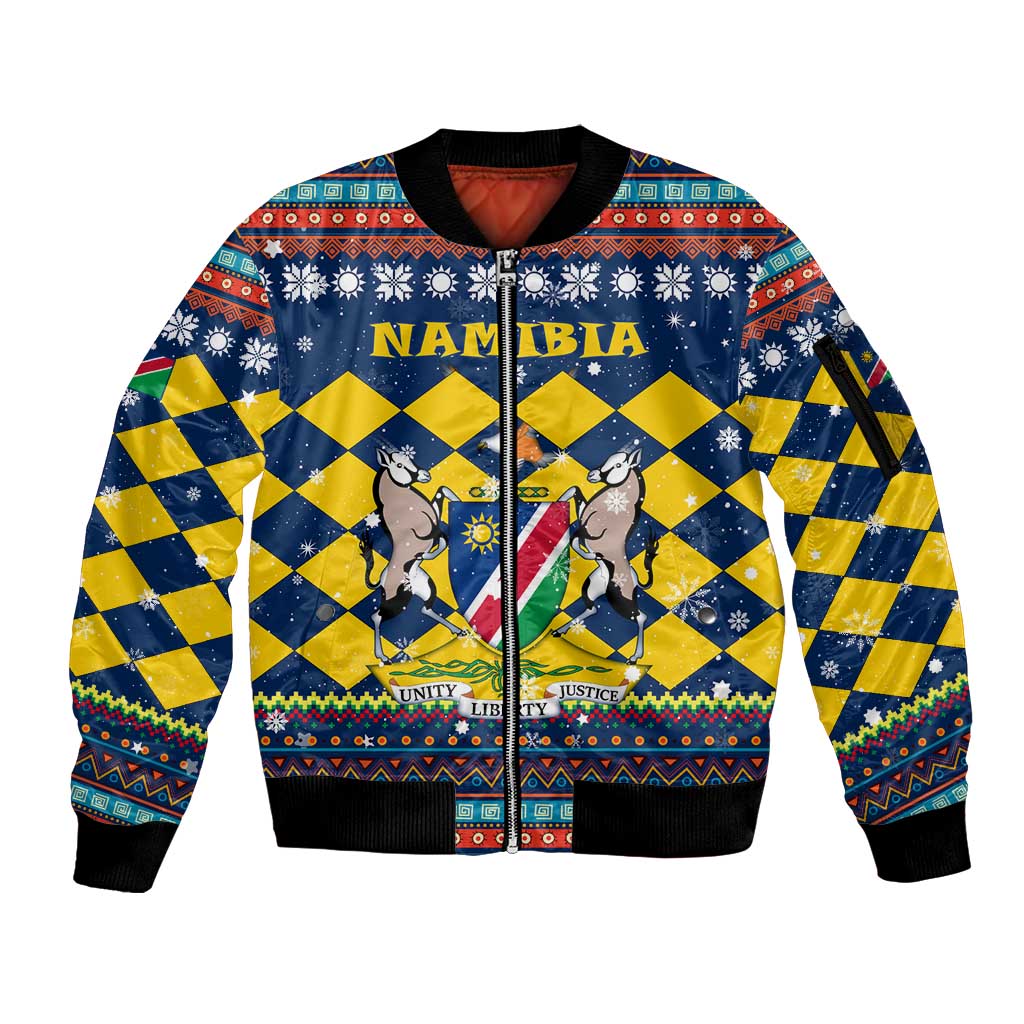 Namibia Christmas Sleeve Zip Bomber Jacket with Blue-Yellow Diamond Pattern, Coat of Arms, and Flag Map Motif - Wonder Print Shop