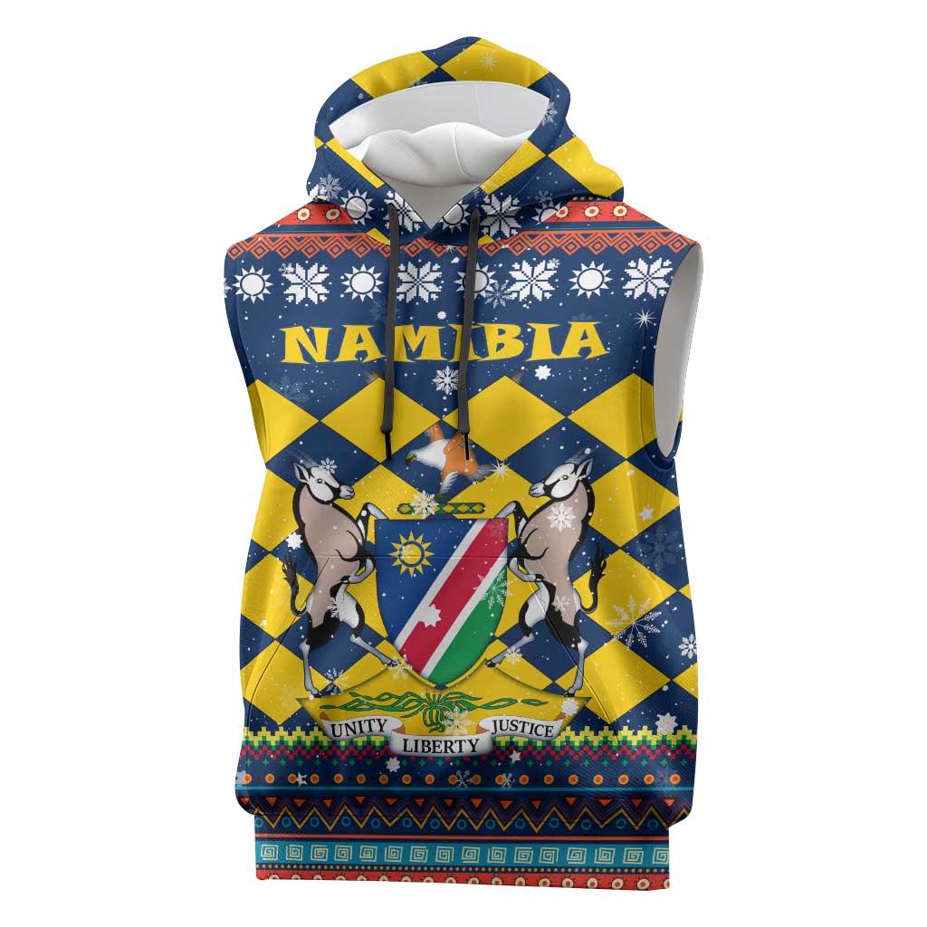Namibia Christmas Sleeveless Hoodie with Blue-Yellow Diamond Pattern, Coat of Arms, and Flag Map Motif - Wonder Print Shop