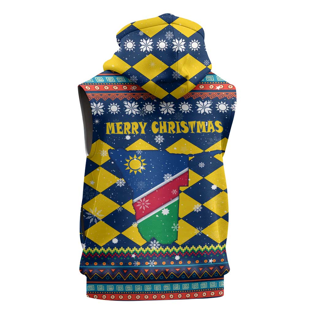 Namibia Christmas Sleeveless Hoodie with Blue-Yellow Diamond Pattern, Coat of Arms, and Flag Map Motif - Wonder Print Shop