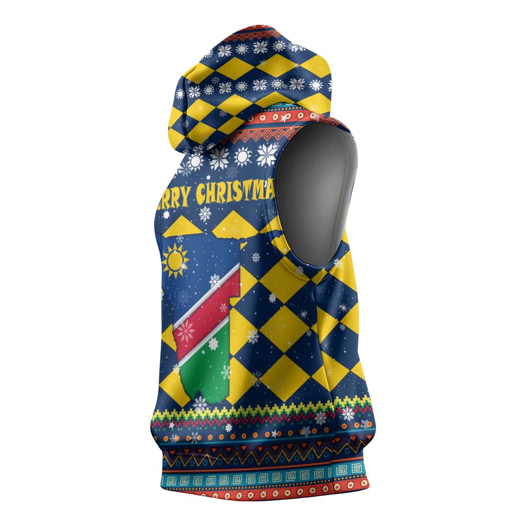 Namibia Christmas Sleeveless Hoodie with Blue-Yellow Diamond Pattern, Coat of Arms, and Flag Map Motif - Wonder Print Shop