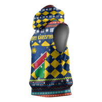 Namibia Christmas Sleeveless Hoodie with Blue-Yellow Diamond Pattern, Coat of Arms, and Flag Map Motif - Wonder Print Shop