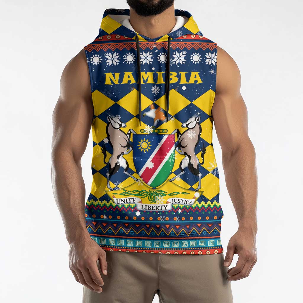 Namibia Christmas Sleeveless Hoodie with Blue-Yellow Diamond Pattern, Coat of Arms, and Flag Map Motif - Wonder Print Shop