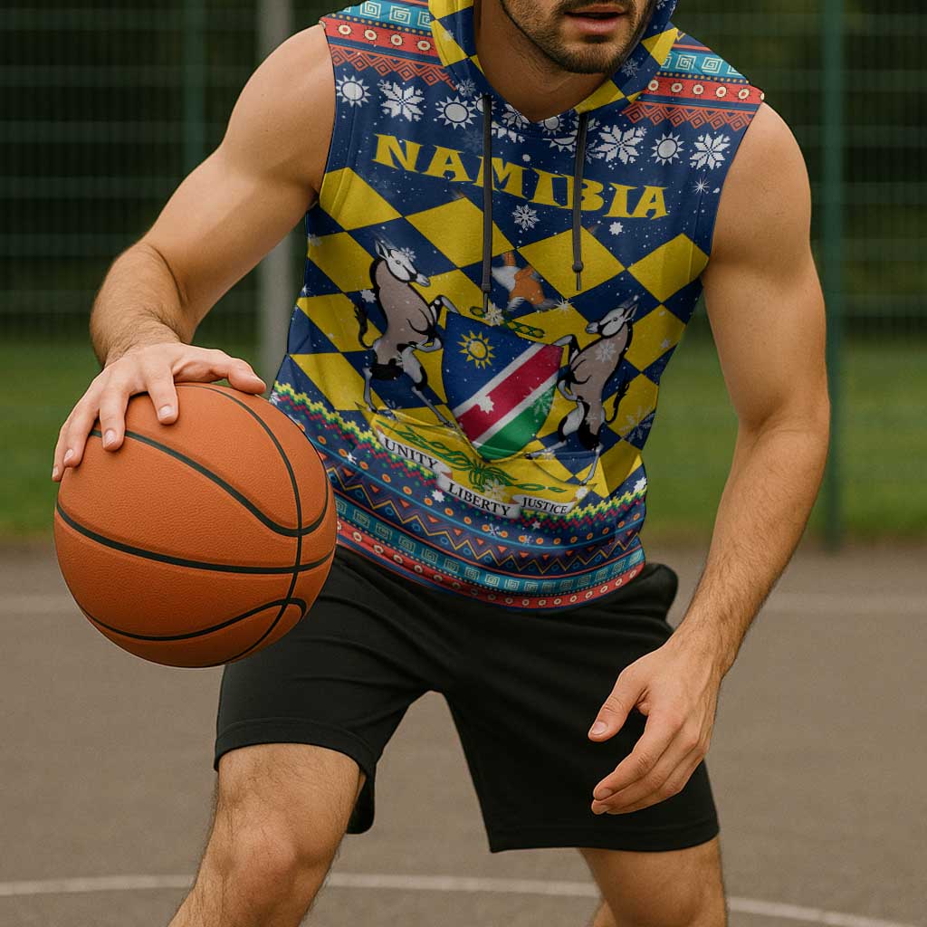Namibia Christmas Sleeveless Hoodie with Blue-Yellow Diamond Pattern, Coat of Arms, and Flag Map Motif - Wonder Print Shop