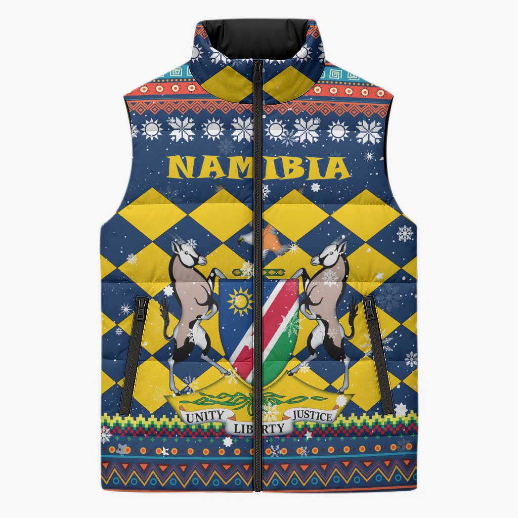 Namibia Christmas Sleeveless Puffer Jacket with Blue-Yellow Diamond Pattern, Coat of Arms, and Flag Map Motif - Wonder Print Shop