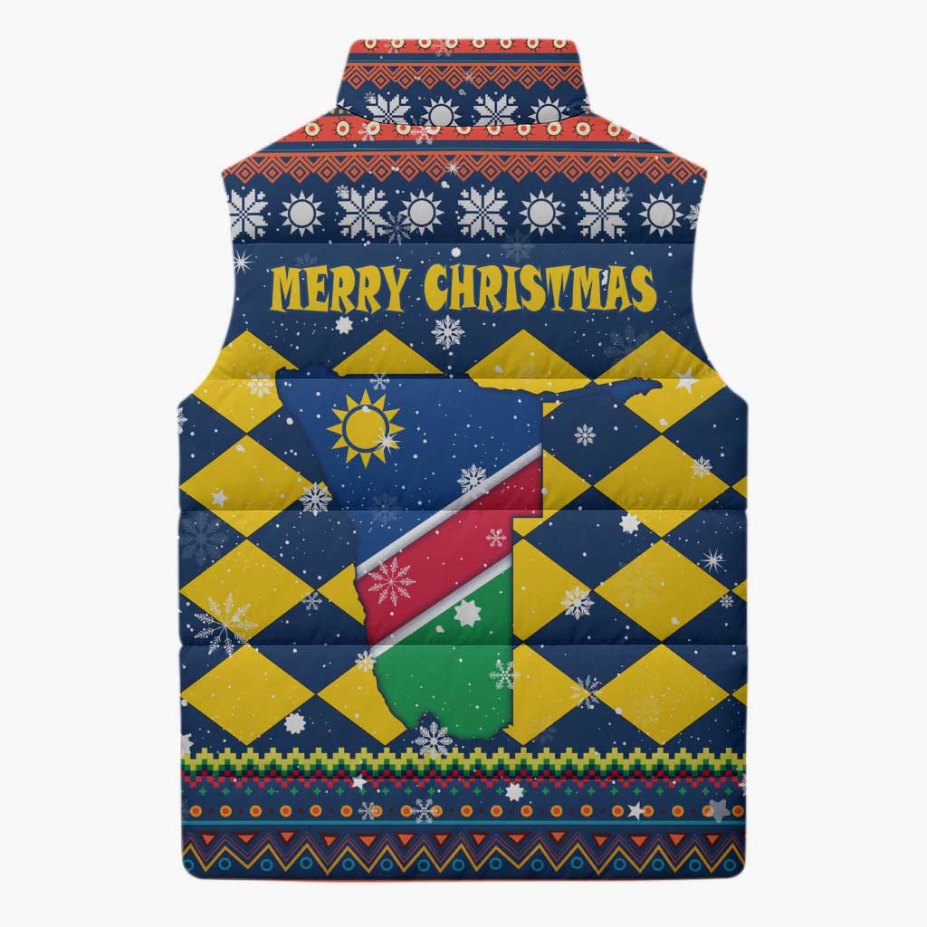 Namibia Christmas Sleeveless Puffer Jacket with Blue-Yellow Diamond Pattern, Coat of Arms, and Flag Map Motif - Wonder Print Shop