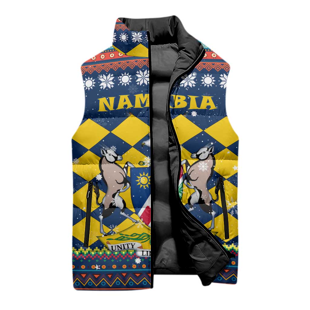 Namibia Christmas Sleeveless Puffer Jacket with Blue-Yellow Diamond Pattern, Coat of Arms, and Flag Map Motif - Wonder Print Shop