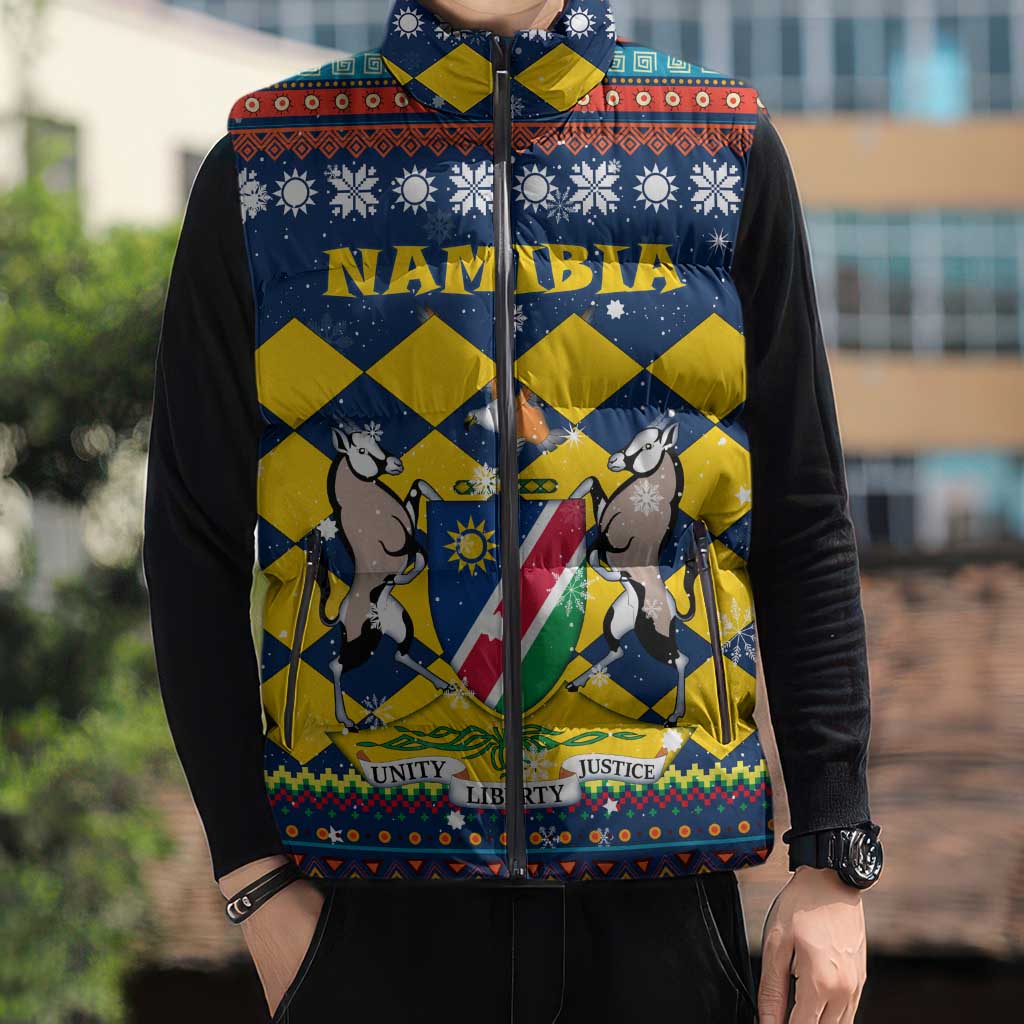 Namibia Christmas Sleeveless Puffer Jacket with Blue-Yellow Diamond Pattern, Coat of Arms, and Flag Map Motif - Wonder Print Shop