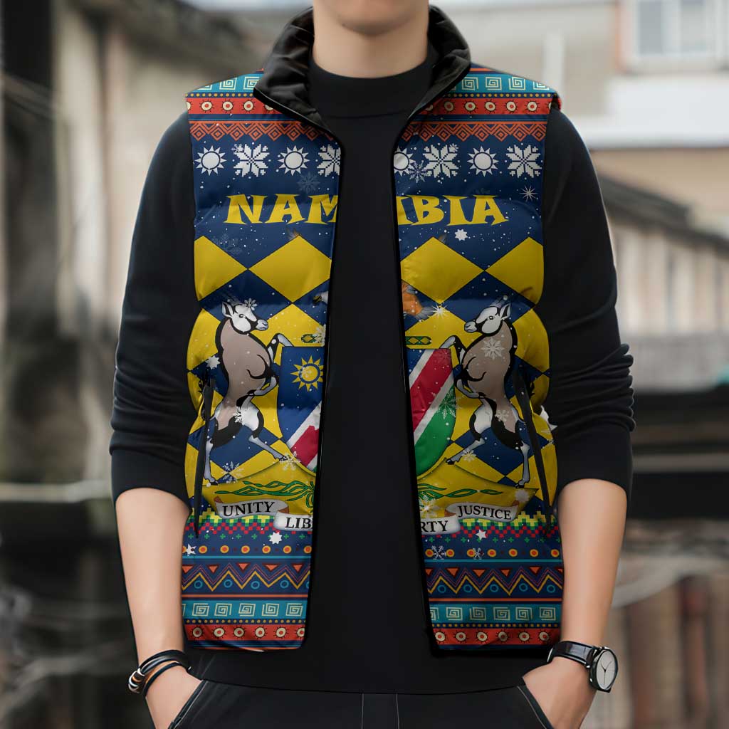Namibia Christmas Sleeveless Puffer Jacket with Blue-Yellow Diamond Pattern, Coat of Arms, and Flag Map Motif - Wonder Print Shop