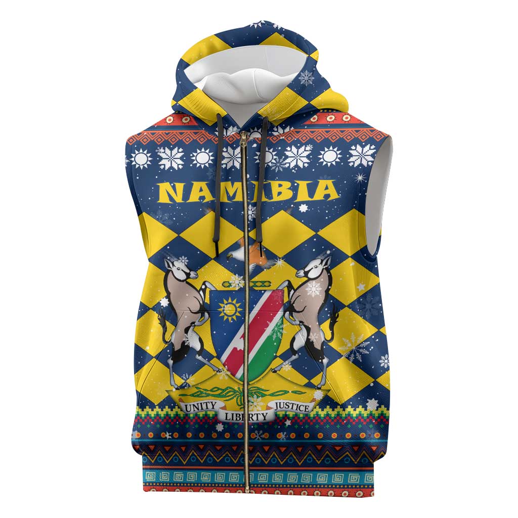 Namibia Christmas Sleeveless Zip Hoodie with Blue-Yellow Diamond Pattern, Coat of Arms, and Flag Map Motif - Wonder Print Shop