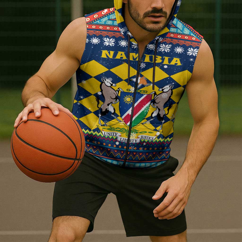 Namibia Christmas Sleeveless Zip Hoodie with Blue-Yellow Diamond Pattern, Coat of Arms, and Flag Map Motif - Wonder Print Shop