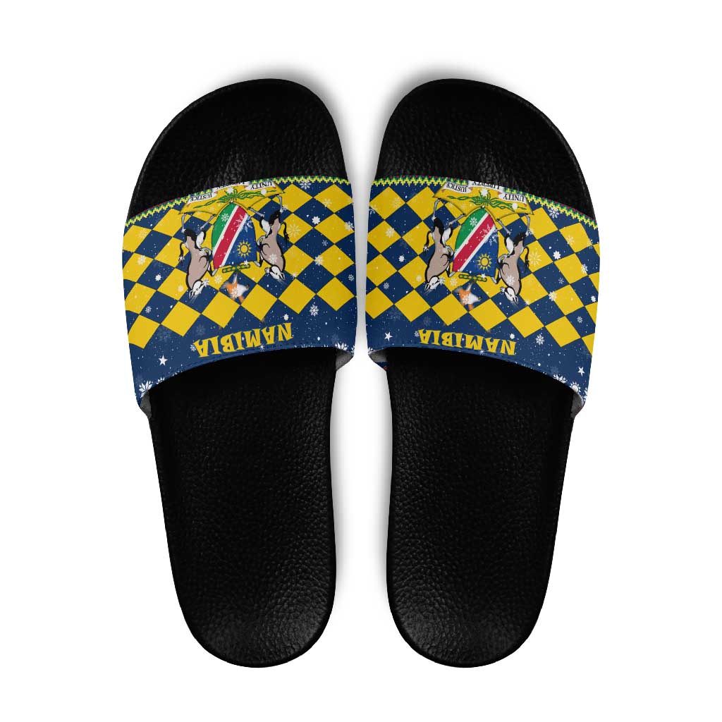 Namibia Christmas Slide Sandals with Blue-Yellow Diamond Pattern, Coat of Arms, and Flag Map Motif - Wonder Print Shop