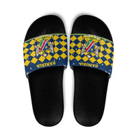 Namibia Christmas Slide Sandals with Blue-Yellow Diamond Pattern, Coat of Arms, and Flag Map Motif - Wonder Print Shop