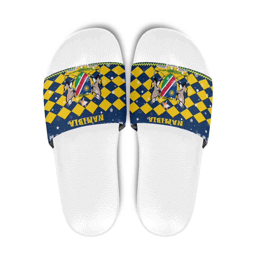 Namibia Christmas Slide Sandals with Blue-Yellow Diamond Pattern, Coat of Arms, and Flag Map Motif - Wonder Print Shop