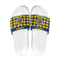 Namibia Christmas Slide Sandals with Blue-Yellow Diamond Pattern, Coat of Arms, and Flag Map Motif - Wonder Print Shop