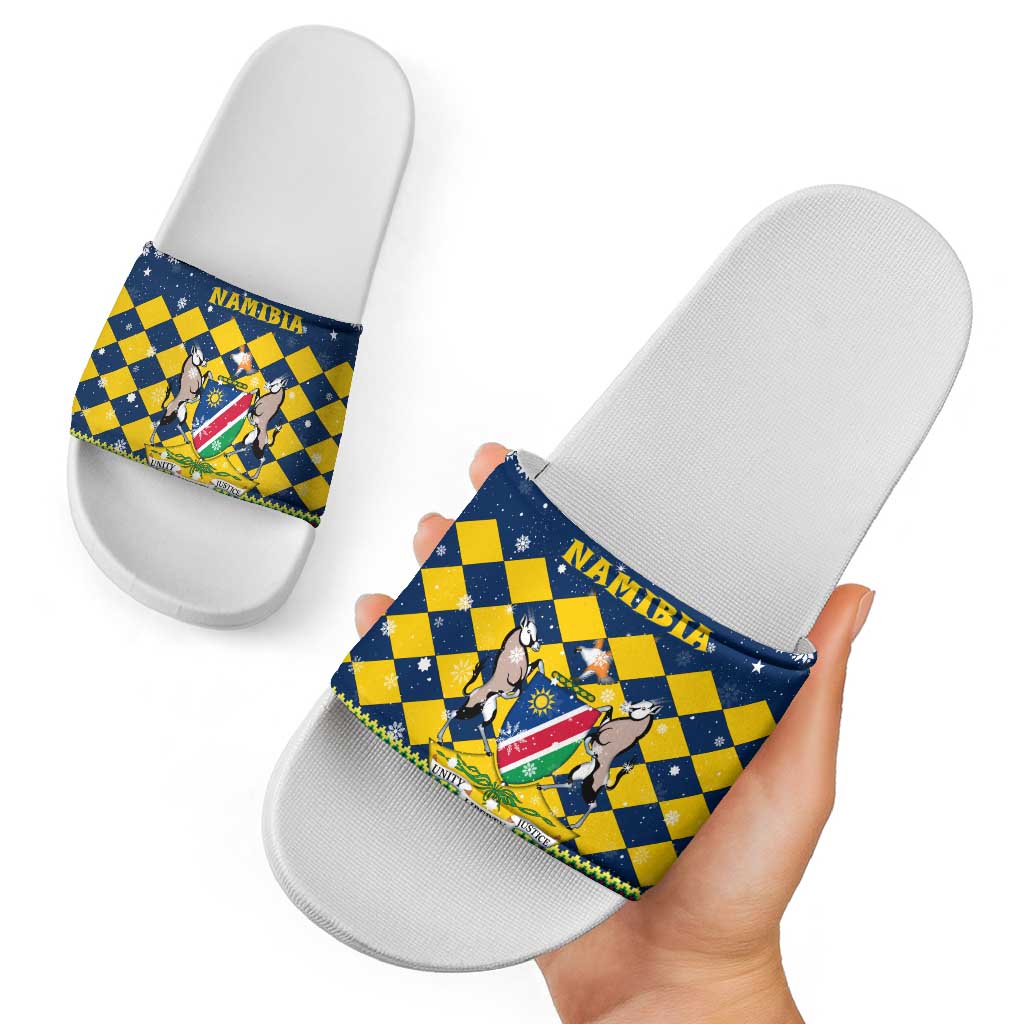 Namibia Christmas Slide Sandals with Blue-Yellow Diamond Pattern, Coat of Arms, and Flag Map Motif - Wonder Print Shop
