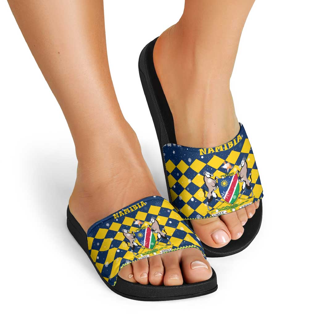 Namibia Christmas Slide Sandals with Blue-Yellow Diamond Pattern, Coat of Arms, and Flag Map Motif - Wonder Print Shop