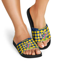 Namibia Christmas Slide Sandals with Blue-Yellow Diamond Pattern, Coat of Arms, and Flag Map Motif - Wonder Print Shop