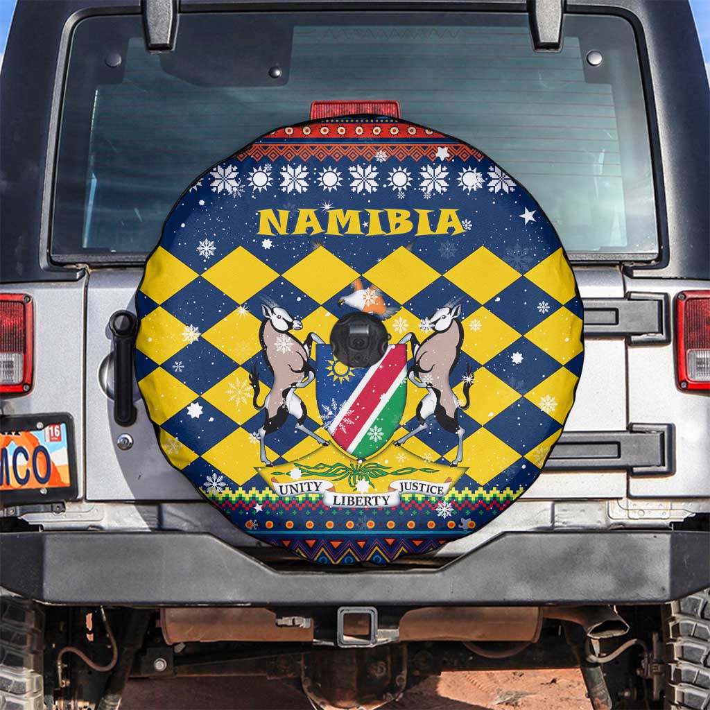 Namibia Christmas Spare Tire Cover with Blue-Yellow Diamond Pattern, Coat of Arms, and Flag Map Motif - Wonder Print Shop