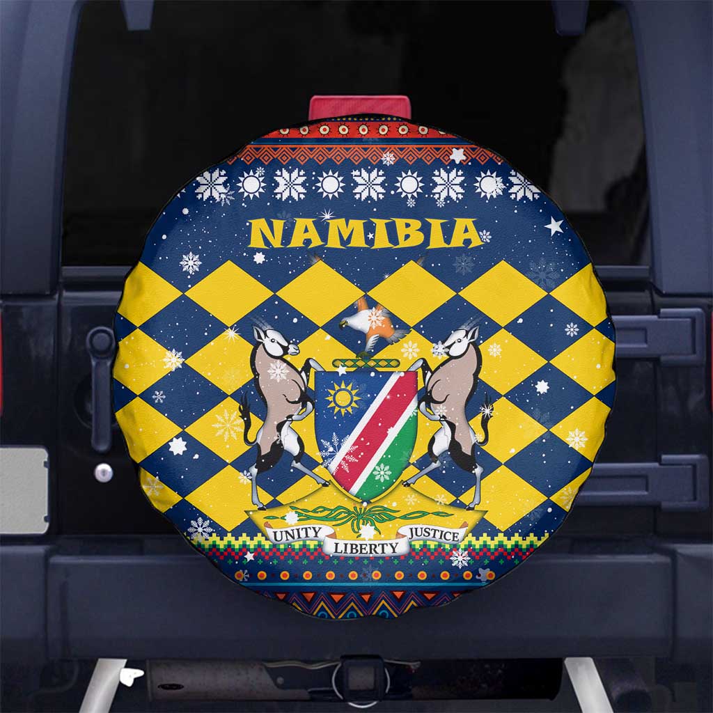 Namibia Christmas Spare Tire Cover with Blue-Yellow Diamond Pattern, Coat of Arms, and Flag Map Motif - Wonder Print Shop