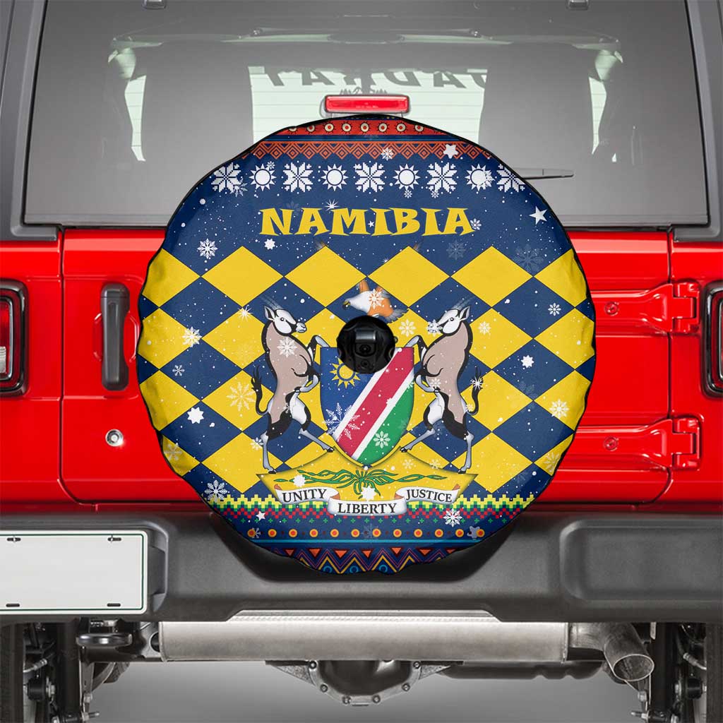 Namibia Christmas Spare Tire Cover with Blue-Yellow Diamond Pattern, Coat of Arms, and Flag Map Motif - Wonder Print Shop