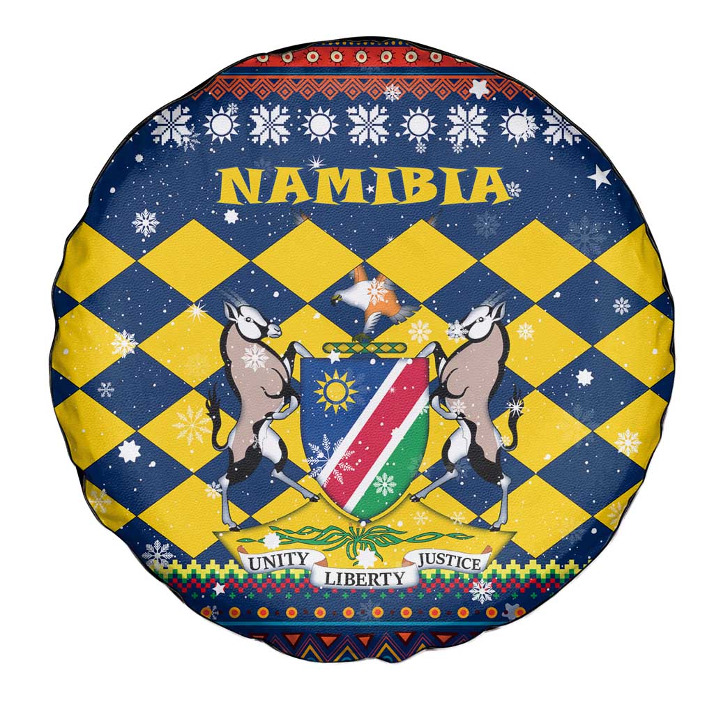 Namibia Christmas Spare Tire Cover with Blue-Yellow Diamond Pattern, Coat of Arms, and Flag Map Motif - Wonder Print Shop