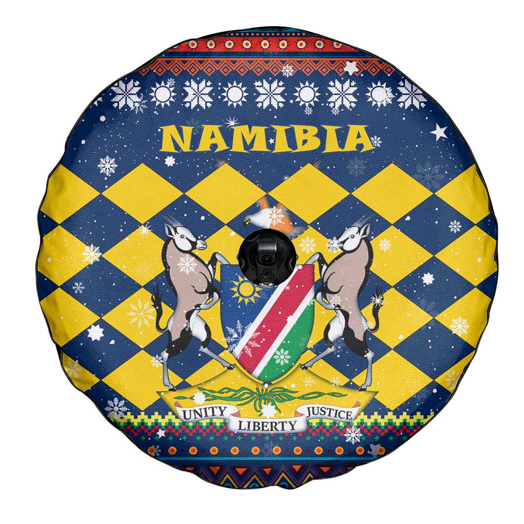 Namibia Christmas Spare Tire Cover with Blue-Yellow Diamond Pattern, Coat of Arms, and Flag Map Motif - Wonder Print Shop