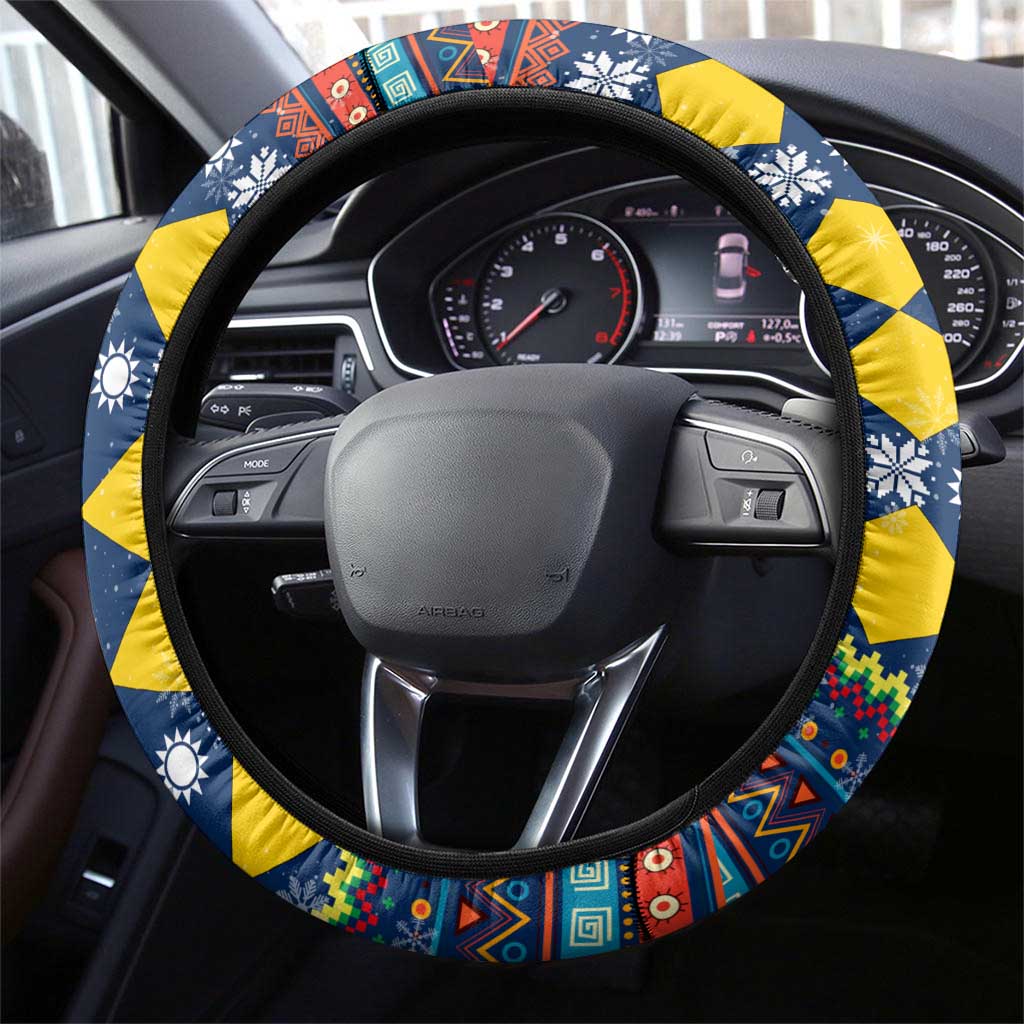 Namibia Christmas Steering Wheel Cover with Blue-Yellow Diamond Pattern, Coat of Arms, and Flag Map Motif - Wonder Print Shop